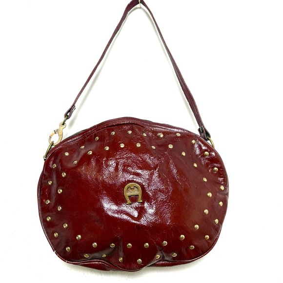 Etienne Aigner Handbags - ETIENNE AIGNER Vintage Oxblood Studded Patent Leather Big Logo Bag Purse *Flaws*